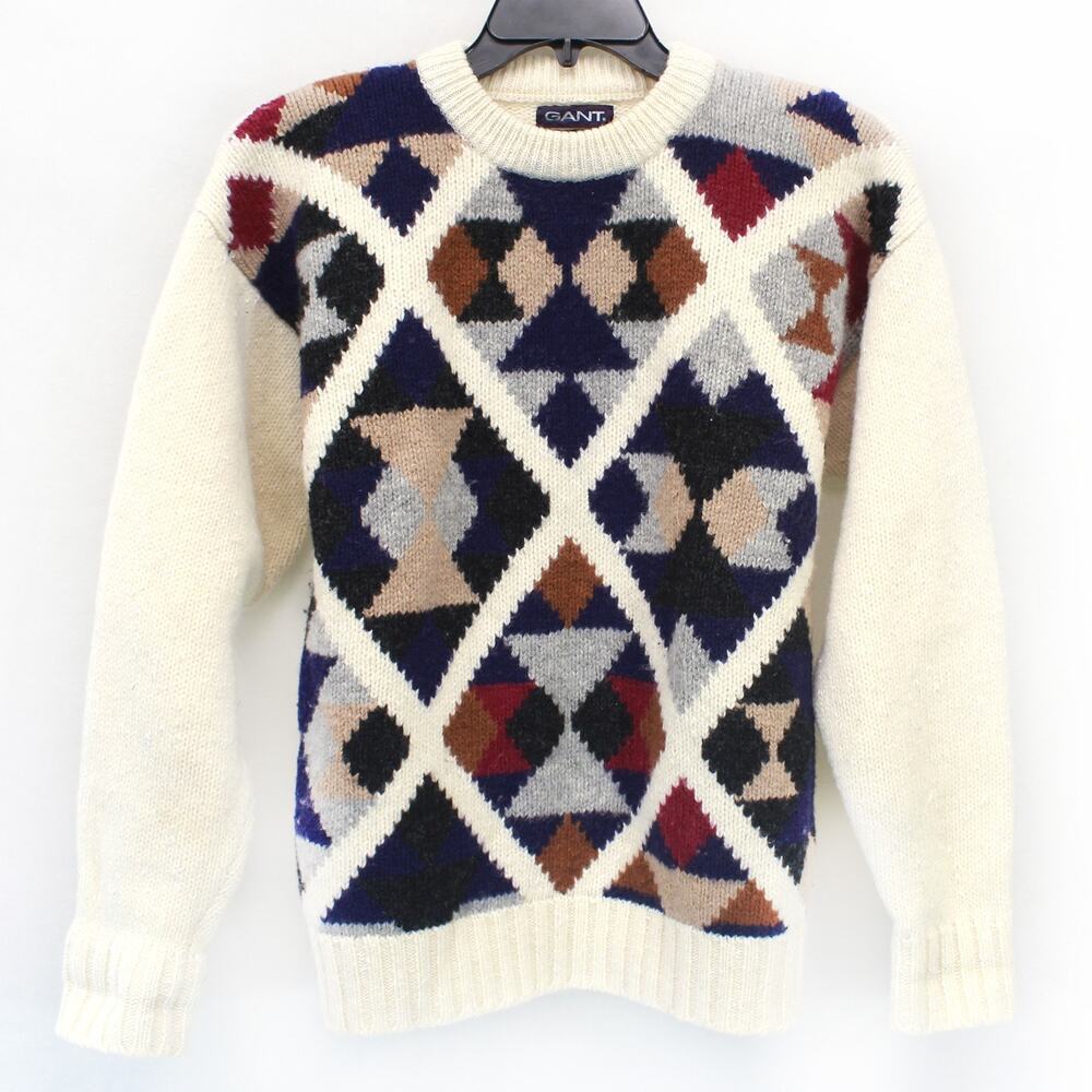 GANT Hand Intarsia Geometric Pattern Wool Pullover Sweater Medium Vintage